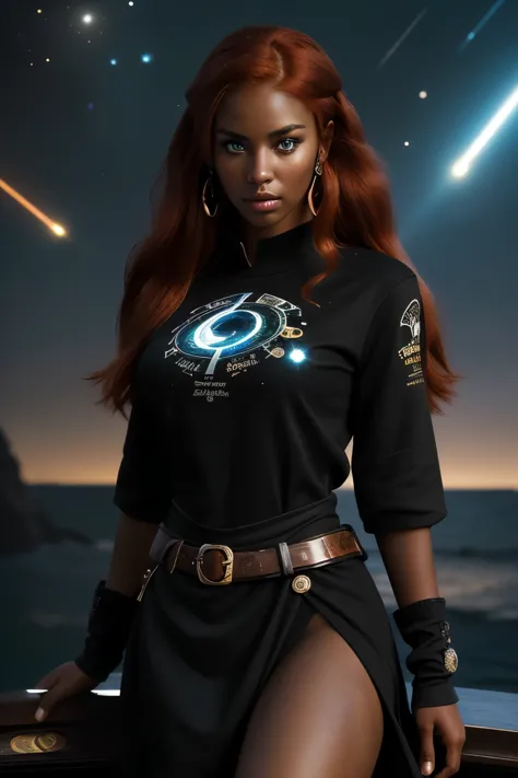 a 20-year-old girl with long red hair, heterochromatic eyes, dark skin, wear a black dress with a crisp galaxy pirate shirt, wit...