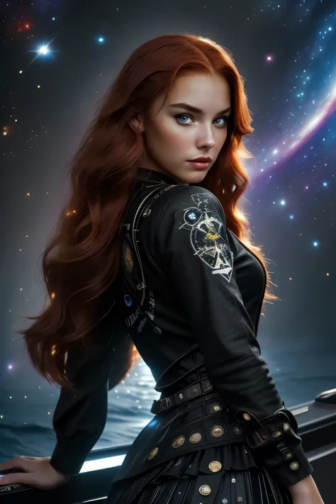 a 20-year-old girl with long red hair, heterochromatic eyes, tan skin, wear a black nebula dress with a crisp galaxy pirate shir...