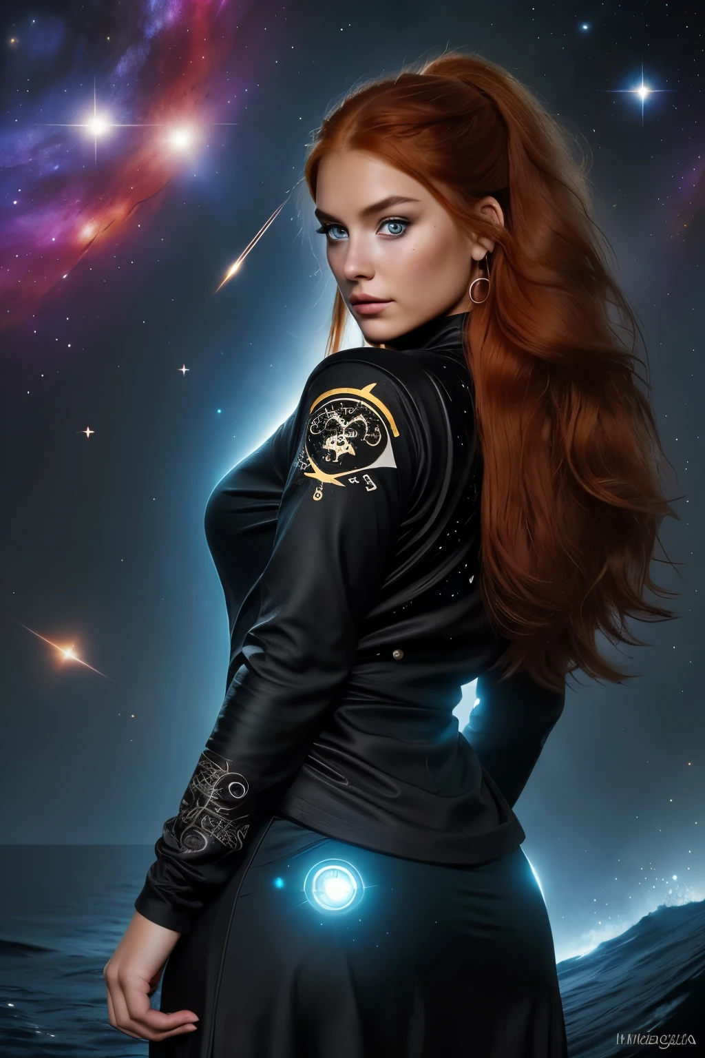 A 20-year-old girl with long red hair, heterochromatic eyes, tan skin, Wear a black nebula dress with a crisp galaxy pirate shirt, With a more elegant and refined touch, Something that matches her mysterious and strong personality. Overall, Her appearance will be eye-catching, Attract curious and curious eyes, flatchest, Cinematic lighting, color difference, back lit lighting, Masterpiece, High details, High quality, 4K.torogao