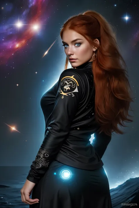 a 20-year-old girl with long red hair, heterochromatic eyes, tan skin, wear a black nebula dress with a crisp galaxy pirate shir...