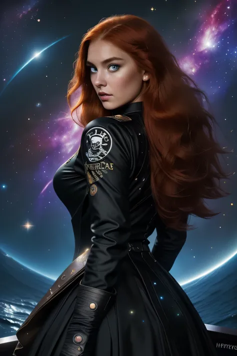 a 20-year-old girl with long red hair, heterochromatic eyes, tan skin, wear a black nebula dress with a crisp galaxy pirate shir...