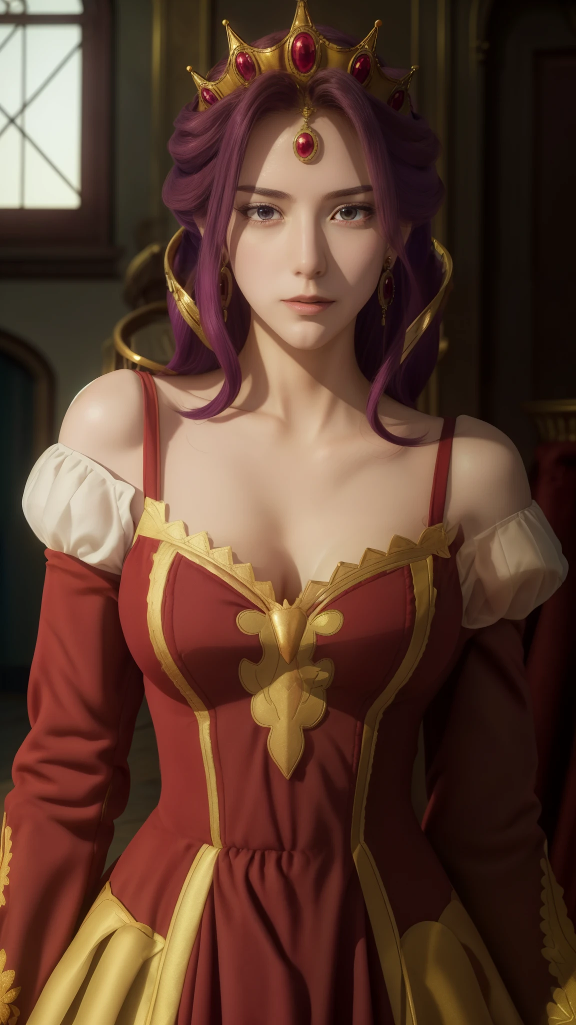 fullnude,Armpit show,(Sunset:1.2),in a castle, Great hall ,Red carpet on the floor, standing at attention, queen dress,Long sleeves,Gemstones and Golden Crown,clavicle, Deep cleavage, Purple_hair, Purple_Eyes, Jewelry, earrings, 1 girl, 20yr old,infp young woman,Beautiful Finger,Beautiful long legs,Beautiful body, Beautiful nose,Beautiful character design, Perfect eyes, Perfect face,Expressive eyes, Looking at Viewer, In the center of the image,(Upper body_Body),(Focus on her face), Official art,the Extremely Detailed CG Unity 8K Wallpapers, Perfect Lighting,Colorful, Bright_front_Face_Lighting,Shiny skin, (masutepiece:1.0),(best_quality:1.0), 超A high resolution,4K,Ultra-detailed, Photography, 8K, nffsw, hight resolution, absurderes:1.2, Kodak Portra 400, Film grain, Blurry background, Bokeh:1.2, Lens Flare, (Vibrant_Color:1.2) (Beautiful,breasts), (Beautiful_Face:1.5),(narrow_waist),