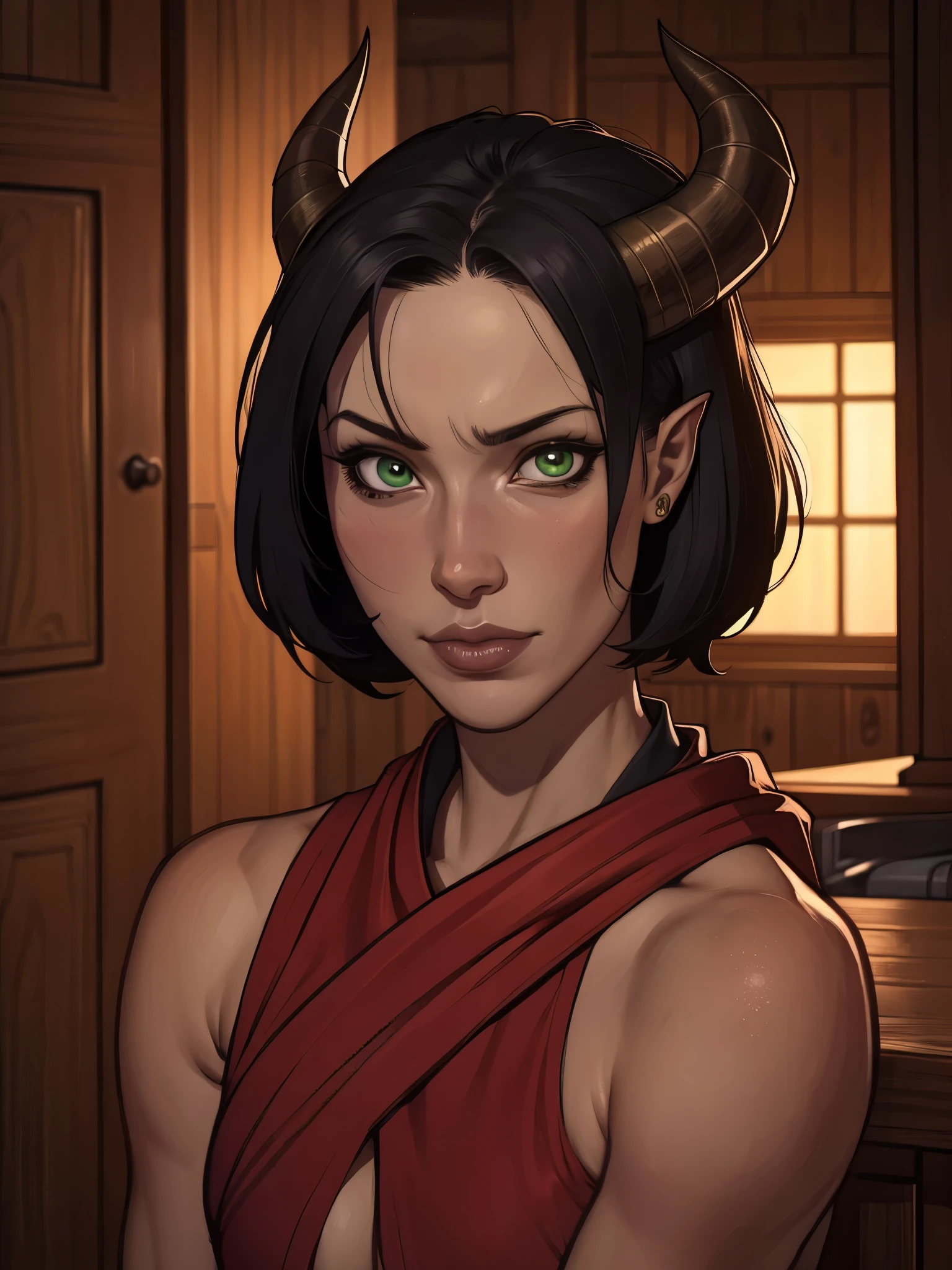 (1girl:1.3), ((a manga drawing by Kentaro Miura)), | qunari,horns,pointy ears,black hair,green eyes,short hair, chest wrap,bare shoulders,navel,arm wrap,red attire, standing,upper body,toned, night,town,indoors
| (8k, RAW photo, best quality, masterpiece:1.2),ultra-detailed, (high detailed skin:1.2), 8k uhd, dslr, soft lighting, high quality, asura, film grain, highly detailed shading, in a medieval art RPG art style, (((closeup portrait))), ((LOOKING at the VIEWER))