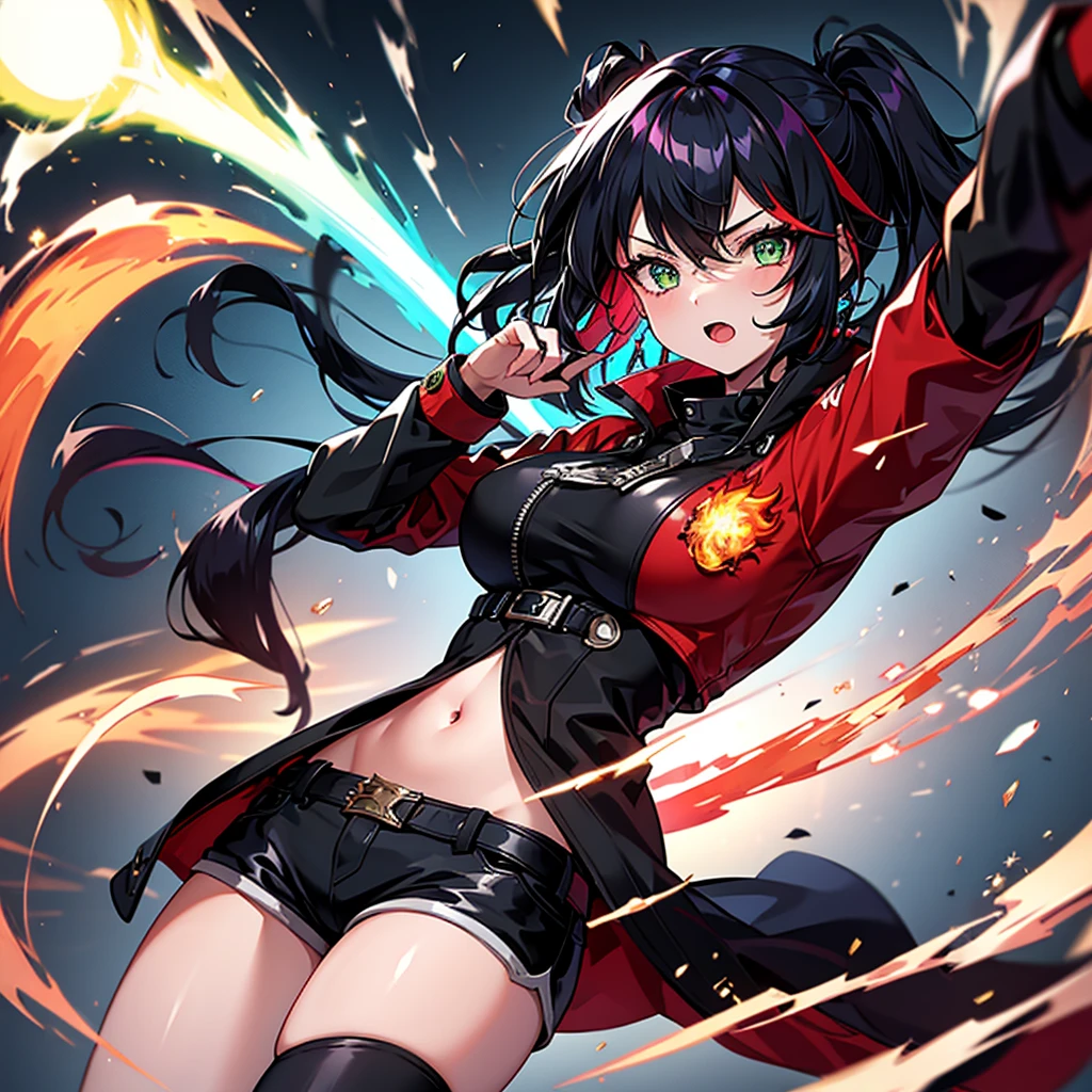 1 girl, alone, Full body, sexy body, belly showing, Big Breasts, long hair, Full HD quality, black hair with NEON RED highlights, Bangs between eyes, neon green eyes, sexy face, short jacket, slightly open jacket , Navel, Navel exposed, short shorts, Slightly open, fire element coming out of his hands, fire element in his hand, Full HD quality, ELEMENTAL FIRE AURA AROUND THE BODY,