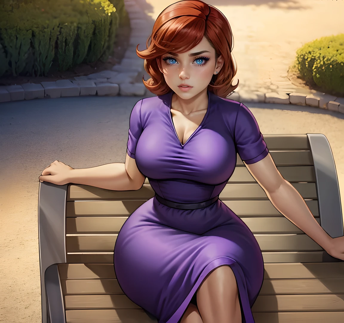 une image de dessin animé d&#39;une femme en robe violette assise sur un banc, art de pin-up, par Mykola Burachek