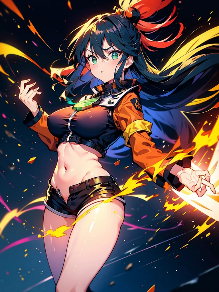 1 girl, alone, Full body, sexy body, WINGS ON HER BACK, FIRE WINGS, belly showing, Big Breasts, long hair, Full HD quality, black hair with NEON RED highlights, Bangs between eyes, neon green eyes, face sexy, short jacket, slightly open jacket, Navel, Navel exposed, short shorts, Slightly open, fire element coming out of his hands, fire element in his hand, Full HD quality, ELEMENTAL FIRE AURA AROUND THE BODY