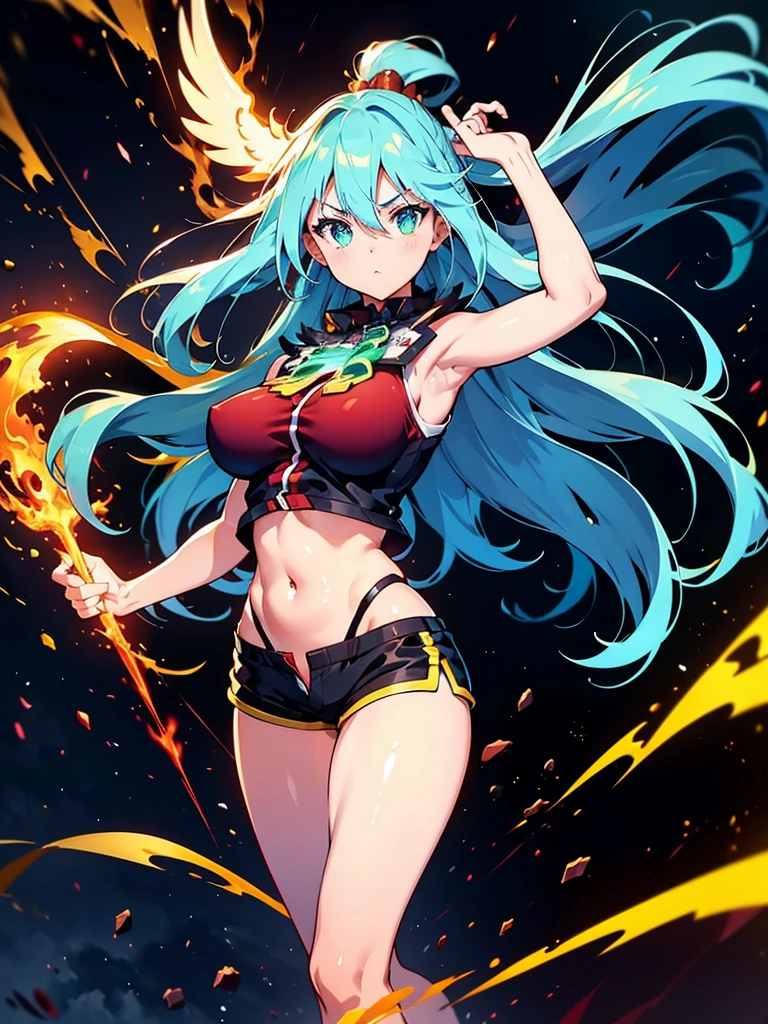 1 girl, alone, Full body, sexy body, WINGS ON HER BACK, FIRE WINGS, belly showing, Big Breasts, long hair, Full HD quality, black hair with NEON RED highlights, Bangs between eyes, neon green eyes, face sexy, short jacket, slightly open jacket, Navel, Navel exposed, short shorts, Slightly open, fire element coming out of his hands, fire element in his hand, Full HD quality, ELEMENTAL FIRE AURA AROUND THE BODY
