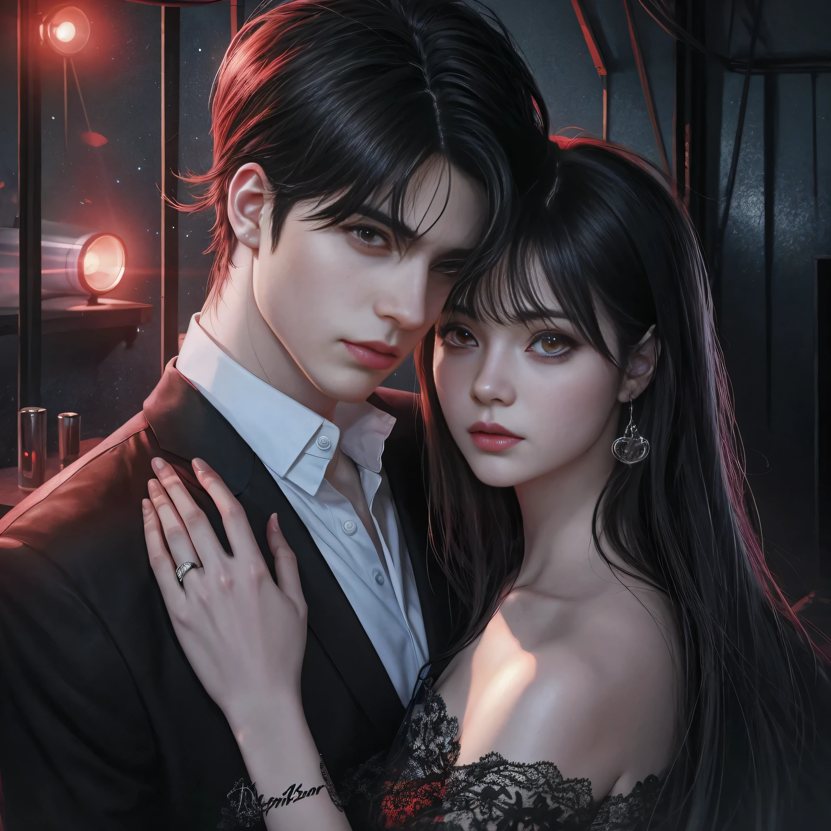 anime couple in a dark room with a red light, in the art style of bowater, lovely couple, [ 4 k digital art ]!!, DreamShaper art style
