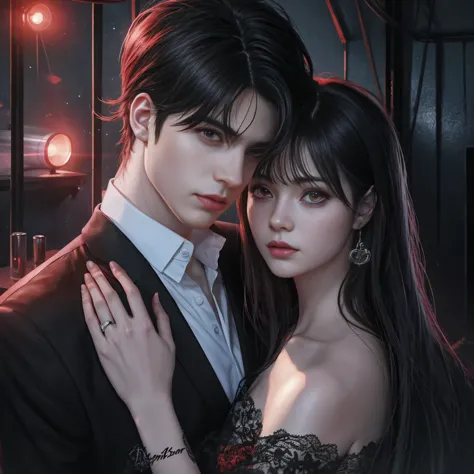 anime couple in a dark room with a red light, in the art style of bowater, lovely couple, [ 4 k digital art ]!!, DreamShaper art...