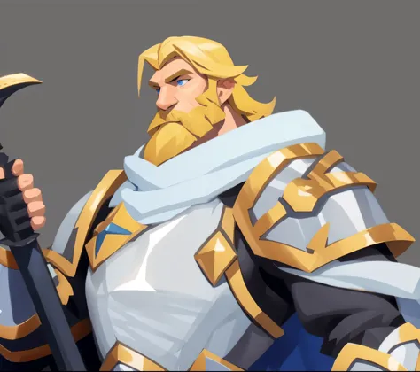 concept art, european cartoon, game character design, avatar, 1 person, paladin, paladin, solo, beard, detail, blue eyes, mature male, male focus, beard, armor, skinny, assassin, full body, blonde, fine Thin muscular, middle-aged man, strong, white cloak, ...