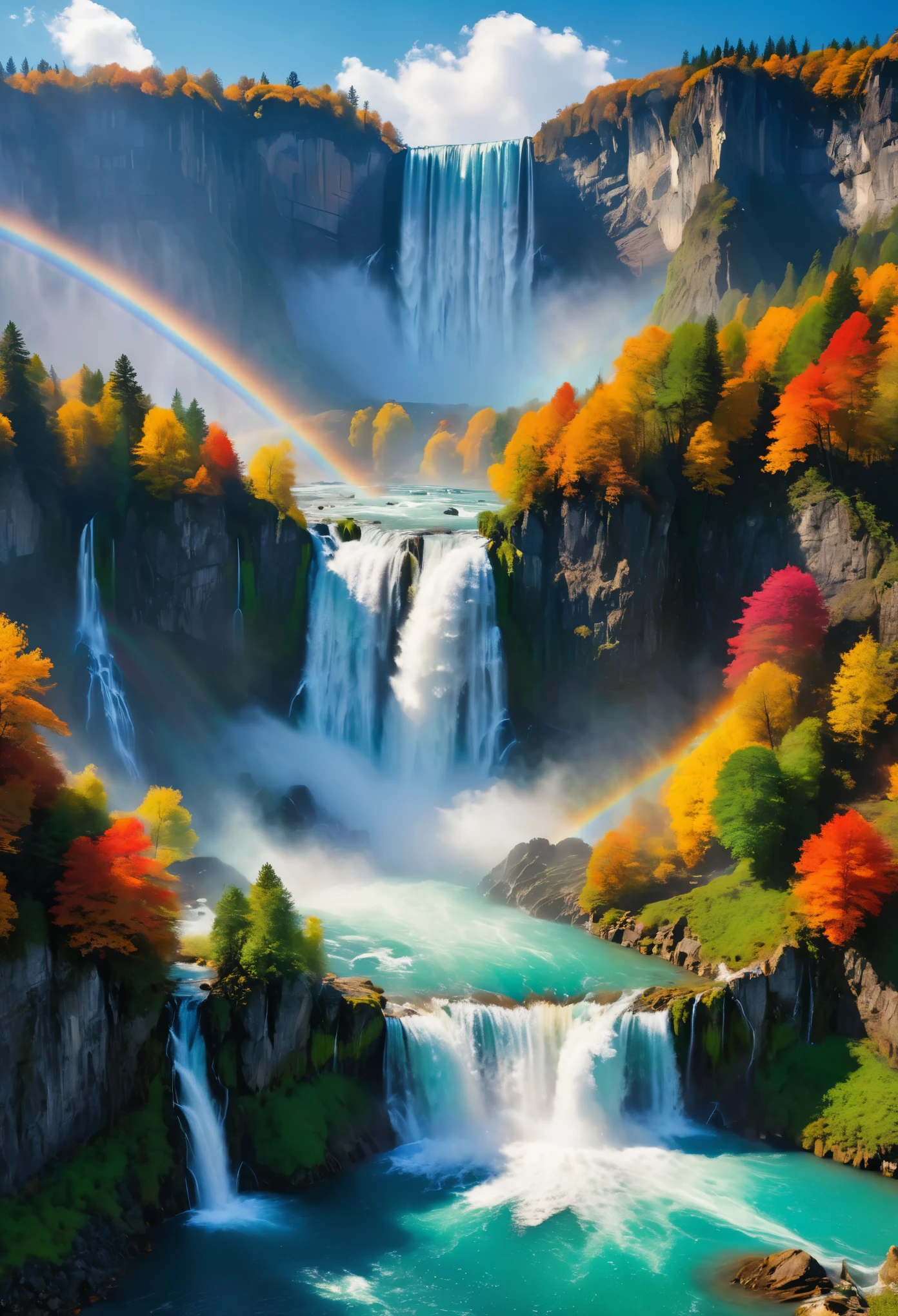 best quality,4k,highres,masterpiece:1.2,ultra-detailed,realistic:1.37,impressive,awe-inspiring, majestic, powerful, magnificent waterfalls, stunning view, layers of cascades and mist, picturesque, breathtaking, powerful torrent, roaring water, natural wonder, serene beauty, dramatic landscape, panoramic view, incredible force, pristine nature, incredible depth, crystal-clear water, intense energy, captivating scene, extraordinary colors, brilliant rainbow, iconic landmark, world-renowned attraction, magnificent spectacle, extraordinary display, timeless beauty, legendary landmark, majestic beauty, unparalleled grandeur, remarkable sight, natural masterpiece, awe-inspiring beauty, sublime experience, transcendent artistry, stunningly detailed, dynamic composition, seamless blending of elements, dynamic lighting, ethereal atmosphere, vivid color palette