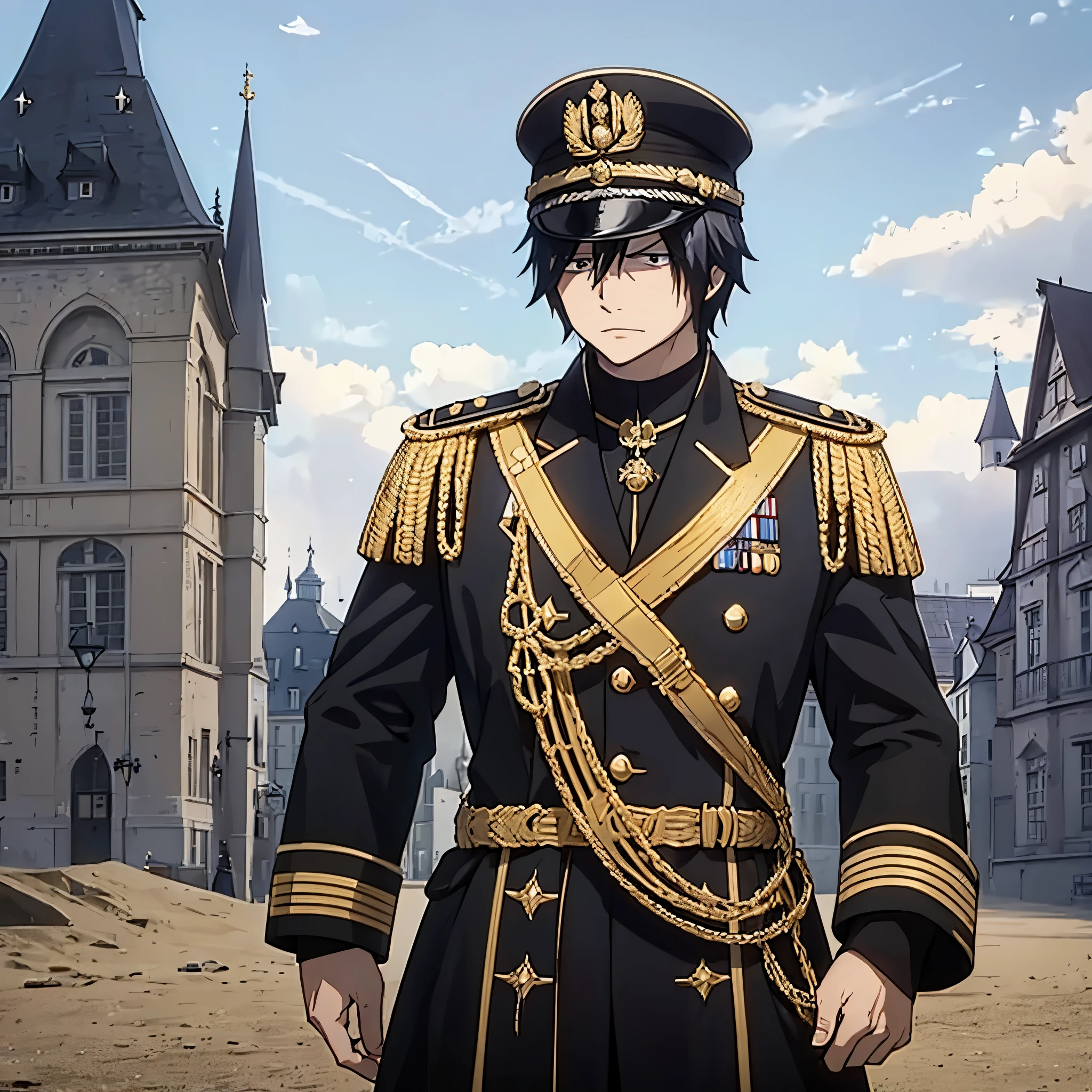 Anime character in uniform standing in front of a castle - SeaArt AI