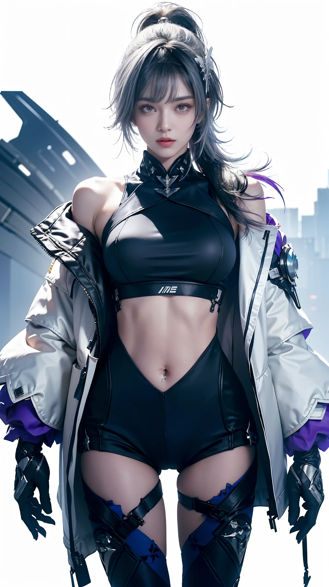 masterpiece,best quality,high resolution,8k，Focus on the thighs and above,RAW photos,digital photography,(Sci-fi style female family),20 year old girl,Long ponytail hairstyle,through bangs,(purple eyes),(white hair),A plump chest,felling,Elegant and noble,Serious and indifferent,Open white coat,Black camisole bra,rich details​,close your mouth,show your belly button,Intricate ornaments,cyberpunk futuristic style,(Female Scholar),photo poses,White background,oc render reflection texture
