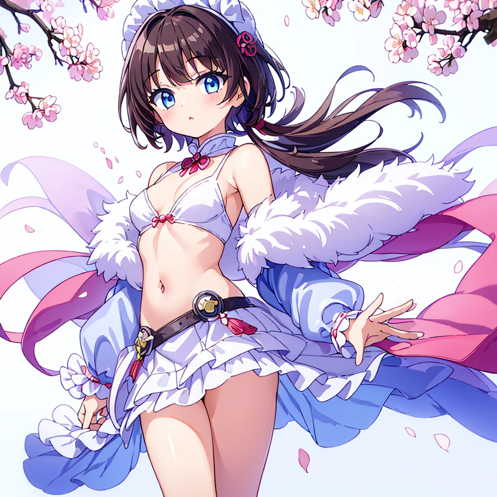 (masterpiece)、(highest quality)、(white background)、(simple background)、(perfect hands)、(10 year old girl)、(1 person)、luster、Cherry blossoms at night、small breasts、Japan sword on the left hip、fur coat、belly button、blue eyes、short hair、brown hair