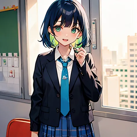 (kindergarten :1.5),blue hair, green eyes, medium hair,, blue tie, skirt, multicolor or gradation hair