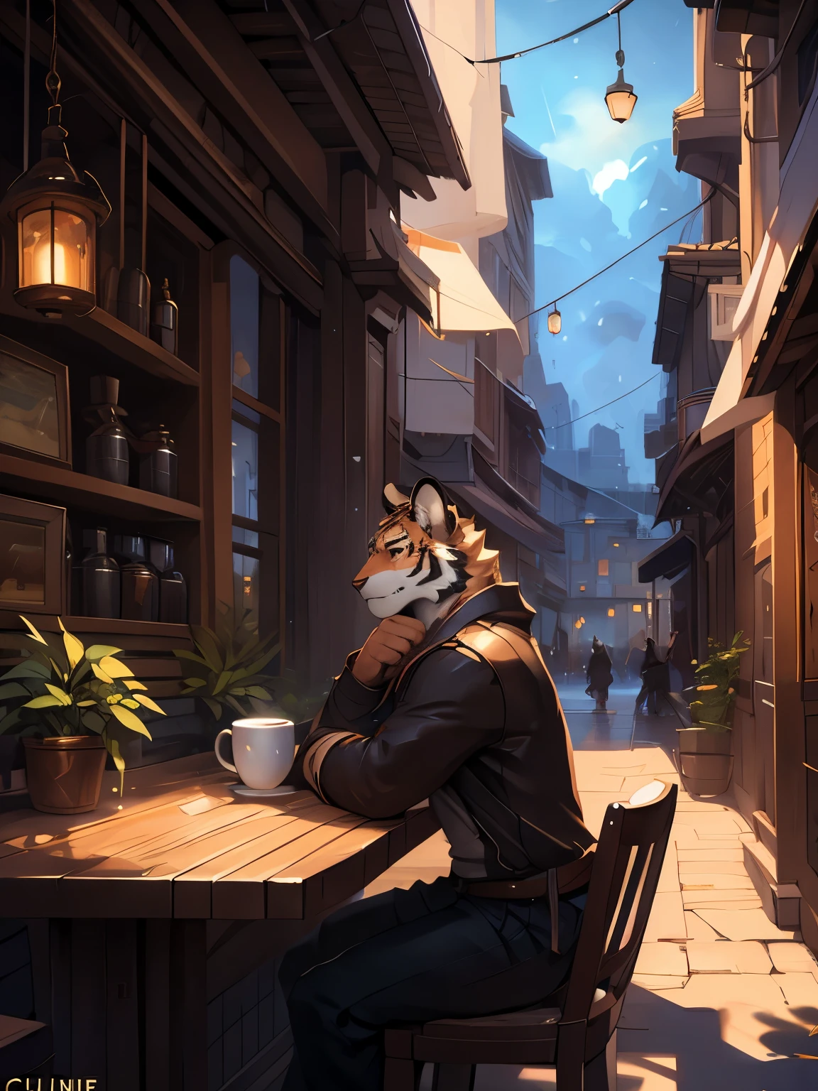 4k, 8k, high resolution, best quality, perfect colors, perfect shadows, perfect lighting, posted on e621, (by Chunie, by canyne khai, by t.y.starale), male, furry, anthro Tiger, rain, (Realistic eye details 1.3), armed,sad expression,white wolf, night, handsome, sitting,coffee,coffee shop, Realistic background, masterpiece, dramatic lighting, soft lighting, day, highly detail, Hair coiled, casual clothes, Detailed fur, Detailed face, Perfect face, Detailed background, (Complex), (Super Detail), (Ultra Clear), (Best Quality)