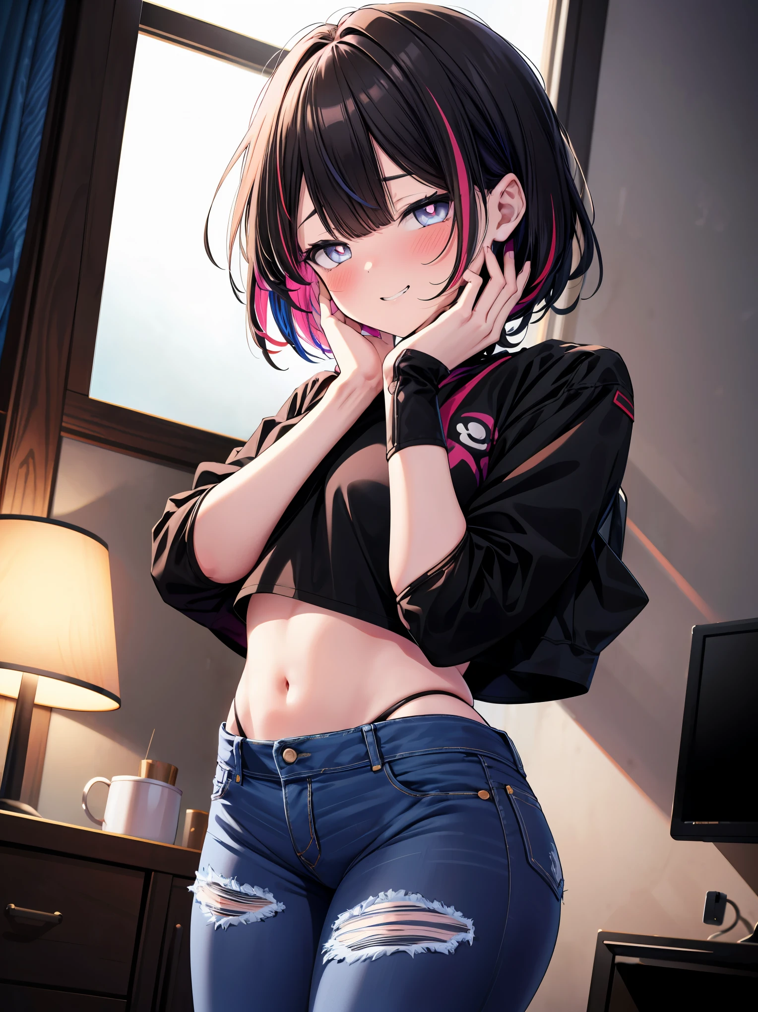 adult, 1 woman, toned body, medium breasts, wide hips, black hair, streaked hair, short hair, bangs, yandere, sadistic smile, grinning, glowing eyes, heart-shaped pupils, full-face blush, (blush:1.2), cropped jacket, (black crop top), (highleg panties:1.2), (denim jeans:1.4), (hands on own cheeks:1.4), looking at the viewer, upturned eyes, bright eyes, (shaded face:1.4), glowing eyes, head tilt, side view, bedroom scenery, dim lighting, night, best quality, ultra-high resolution, depth of field:1.2, (cowboy shot)