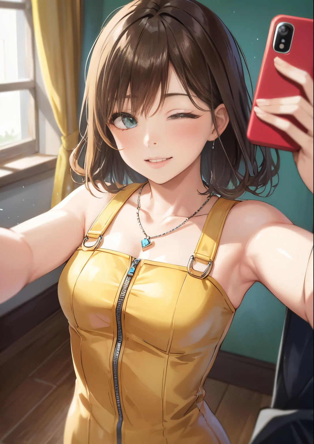 masterpiece, highest quality, selfie, necklace, yellow dress, Upper body, smile, teeth, wink, closed one eye 