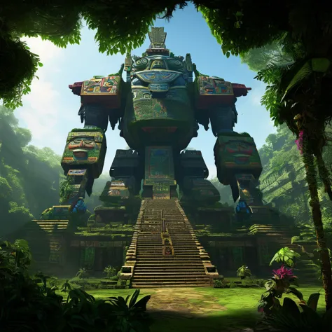 A giant mecha of an Aztec god is part of a massive pyramid. The jungle has over taken the scene, figs and vines cover everything...