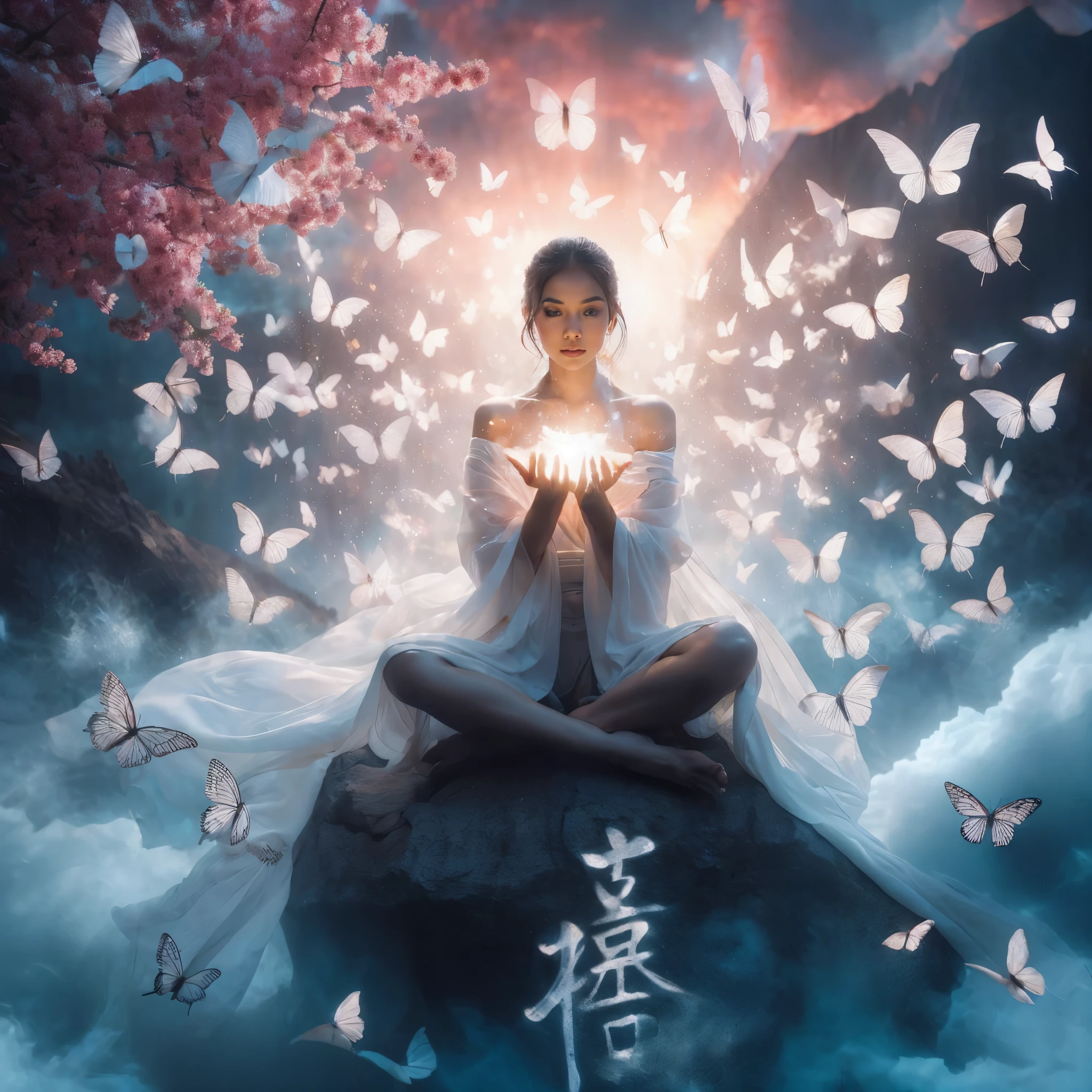 best angle shot,a beautiful female ascetic wearing a thin white kimono,flying ascetic pose floating on a rock covered with arranged white butterfly,from her hands a mystical light comes out.pink cherry blossoms,magical Japanese calligraphy kanji writing that glows orange and floats in the air.face glowing,Dramatic blue smoke effect.setting is a large and magnificent room,stalactite walls,water on the floor,a large hole above.lighting focus on the face,details on facial skin.