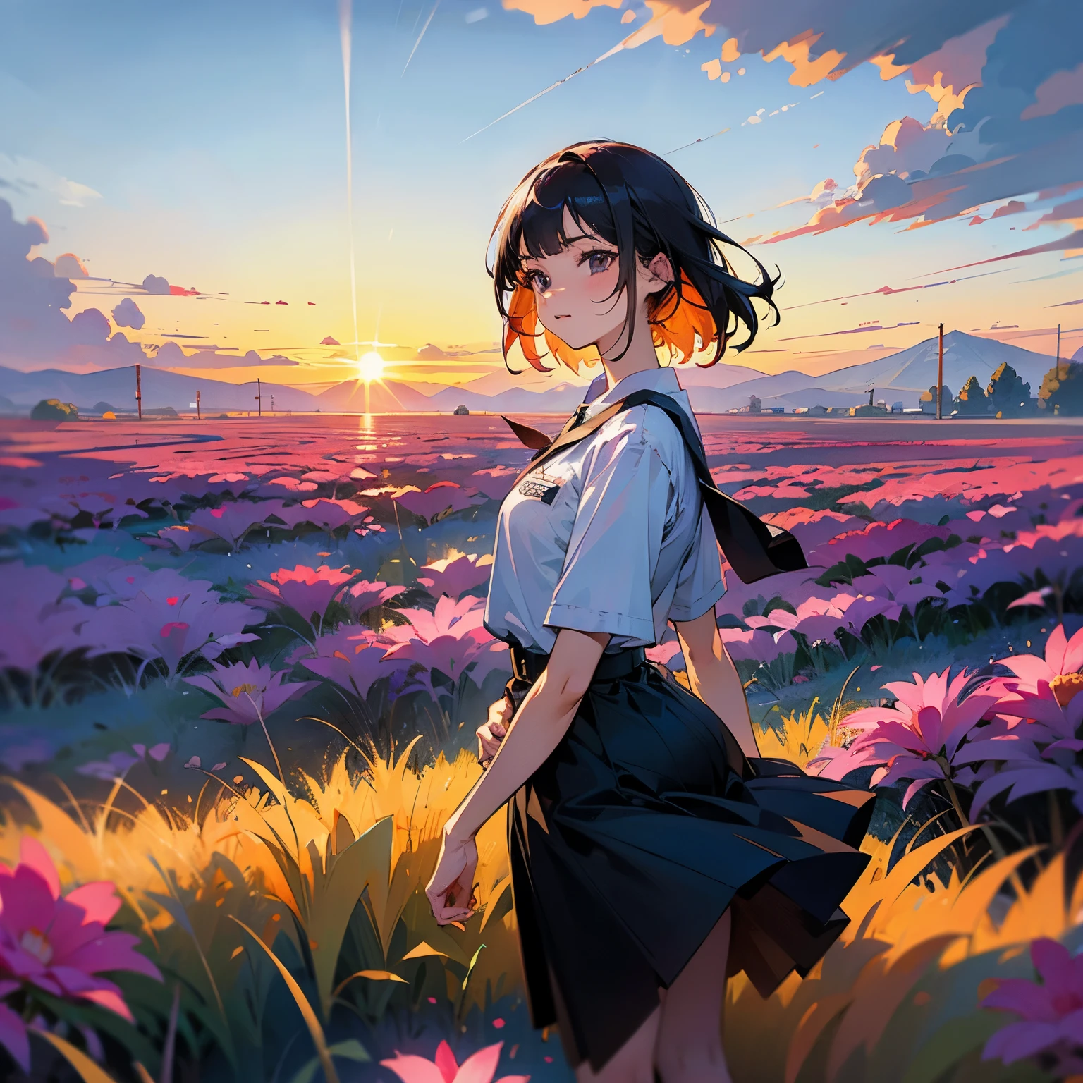 girl standing in field of neon flowers, detailed face, mid short, clouds, sunrise