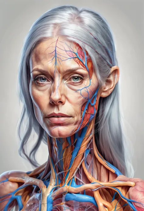 Realistic portrait of a women, psychedelic style, show the face anatomy muscles arteroes and veins and parotid gland