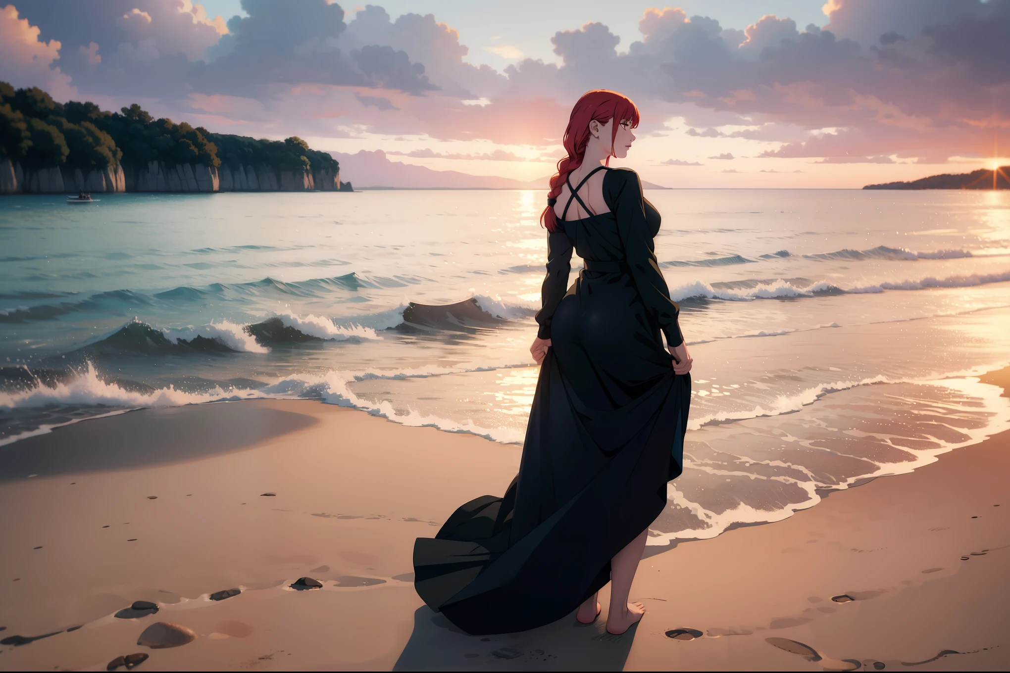 una mujer hermosa con un vestido negro ajustado con mangas largas, desde atrás, mirando hacia atrás, en una playa, panoramic horizon, atardecer, Precioso paisaje, Obra maestra, cuerpo impresionante, gran culo, descalzo, pelirrojo, trenza 