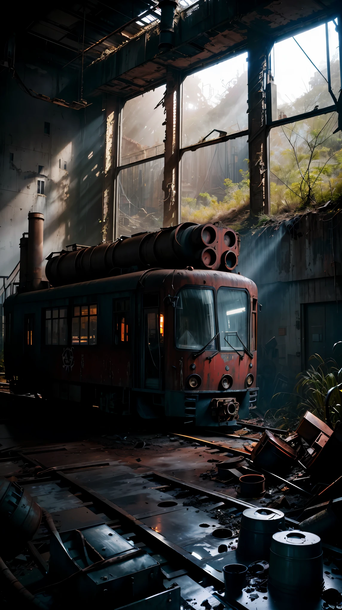 (Photo d&#39;une maison abandonnée se concentrant sur des machines industrielles abandonnées), paysage de mine de charbon abandonnée, machine placée, ((Train de tramway en ruine, 放置されたmatériel lourd, déchet industriel)), calme, Désolé, minimaliste, ambiance industrielle, éclairage maussade, matériel lourd, toile d&#39;araignée, poussiéreux, silence étrange, murs en ruine, rouiller, végétation envahie, Vestiges d&#39;activités passées, Espace sombre, fenêtre cassé, couleurs calmes, atmosphère mystérieuse