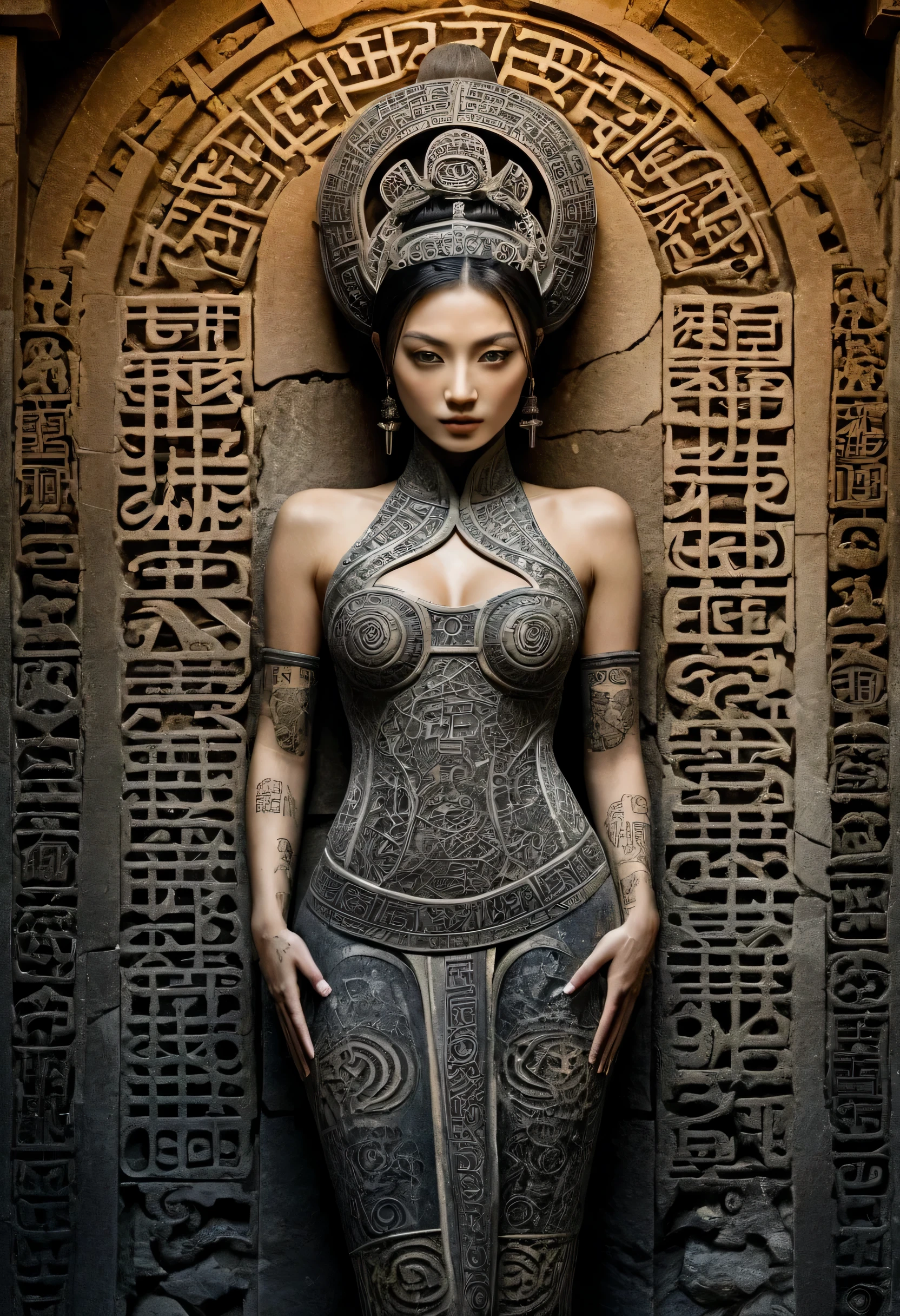 highly detailed close-up of an ancient oriental beauty stone carving, supermodel body, ancient text tattoos, orientalism, (upper thighs shot:1.3), ornate glyphs intricately carved, glowing with luminescence, juxtaposed against rough carved stone background, cracked,