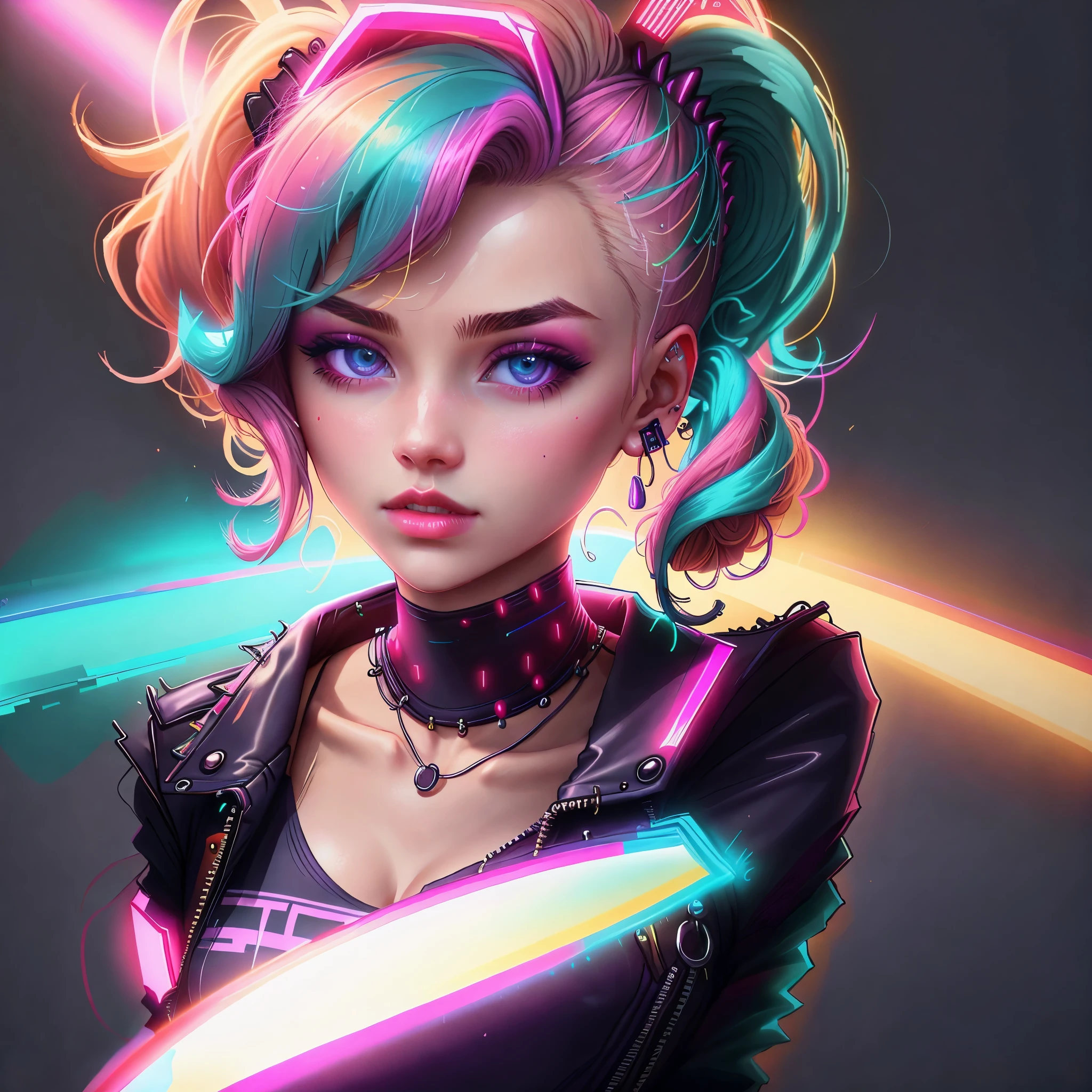  closeup beautiful young punk rock woman round bubble of gum in her mouth in color, retro neon synth wave illuminating face and body, Very detailed, 32k, sharp focus, Masterpiece