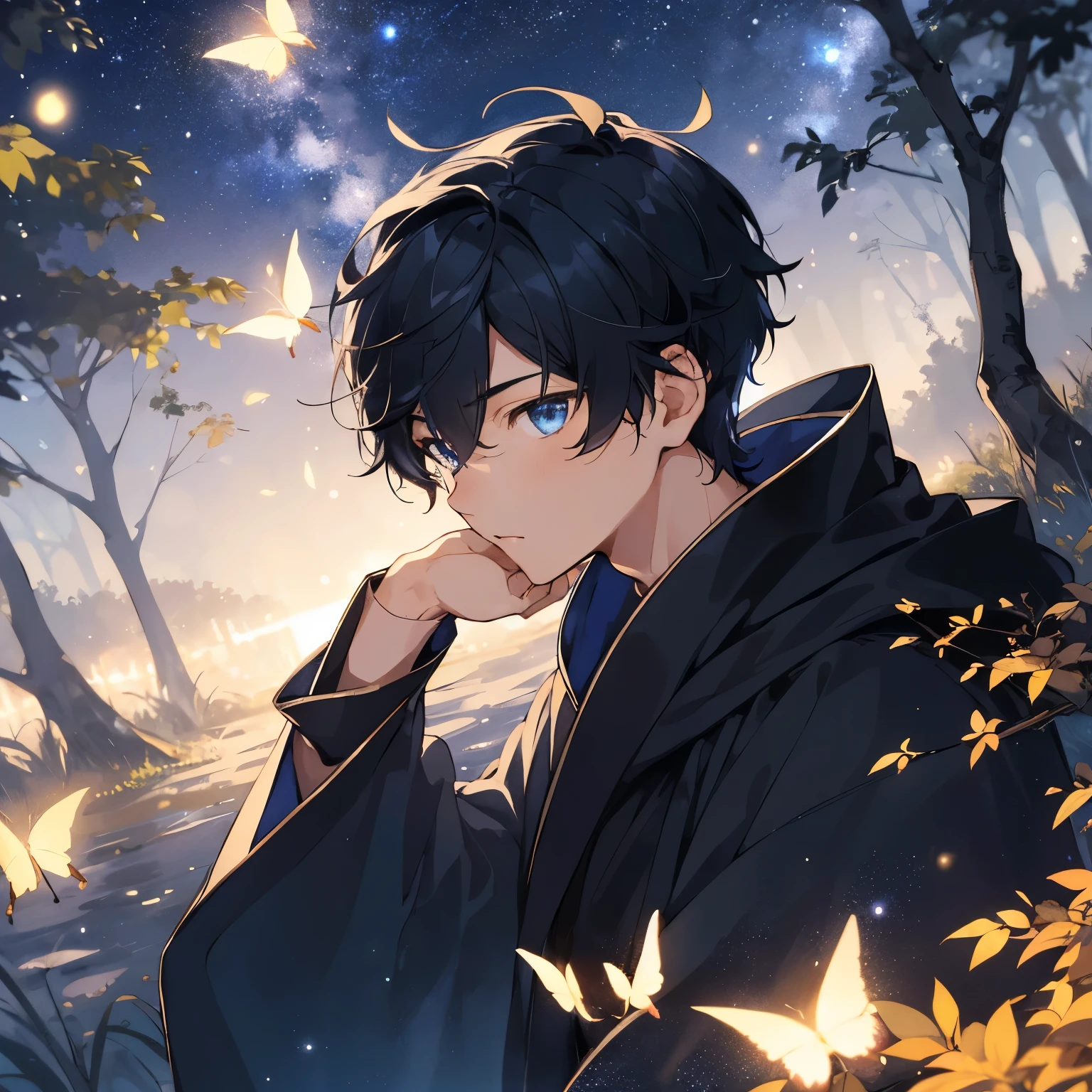 boys，male，boy，handsome face，Strong hairstyle，blue eyes，black hair，short robe，under the night sky，fireflies flying，Leaves fluttering，high resolution