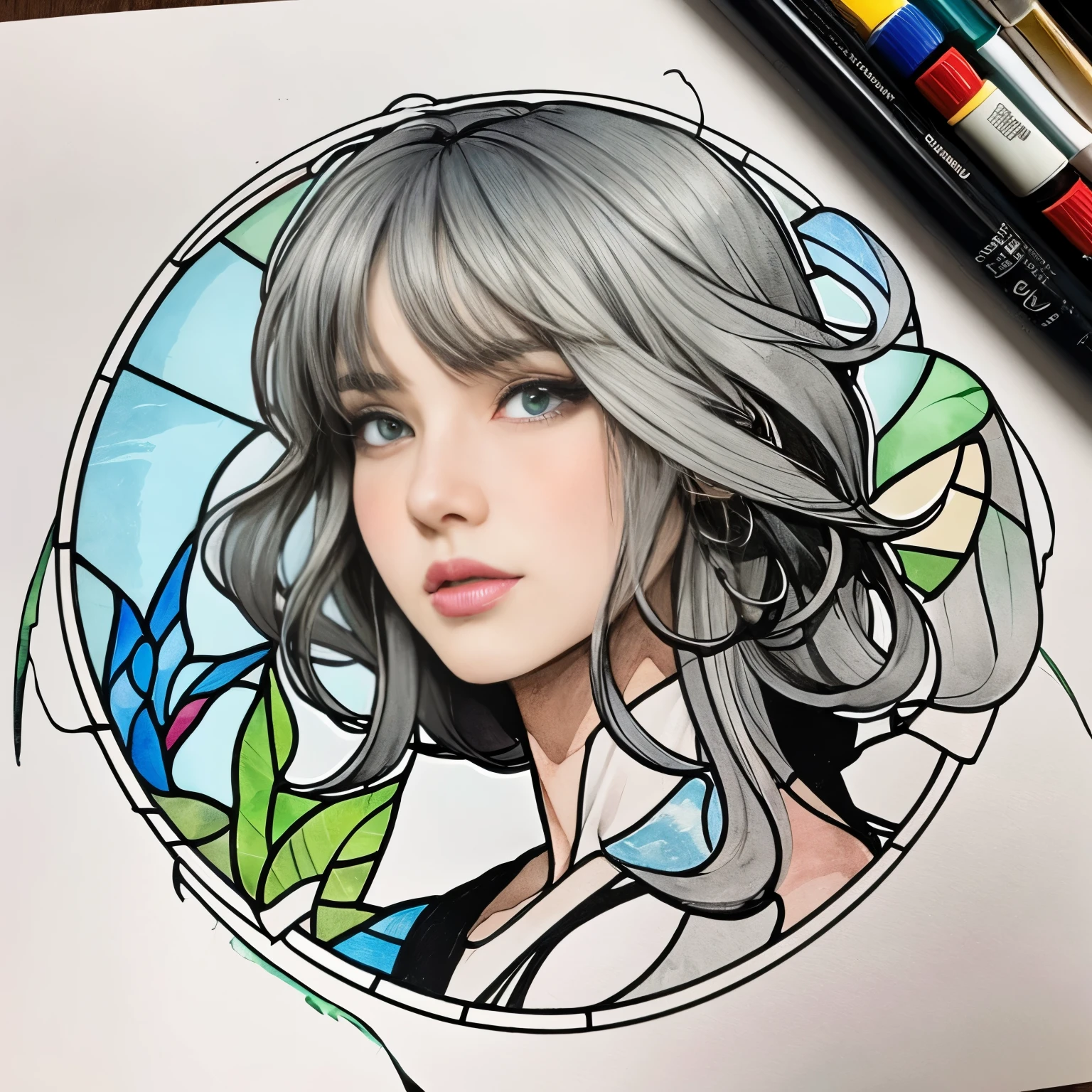 Tide play,shook, split color hair, Wind, 飛んでいるflowerびら, Stained glass rhinoceros, Ornamental, Complex details, Dukhkova, 2D, line drawing, watercolor, ink watercolor, random colored hair, super long hair, wavy, 1 girl,old,flower, old, be familiar with, Complex, perfect lighting, perfect shading, (flat color:1), (2D:1), (masterpiece, Awards, highest quality:1.25), (mature adult:1.3)