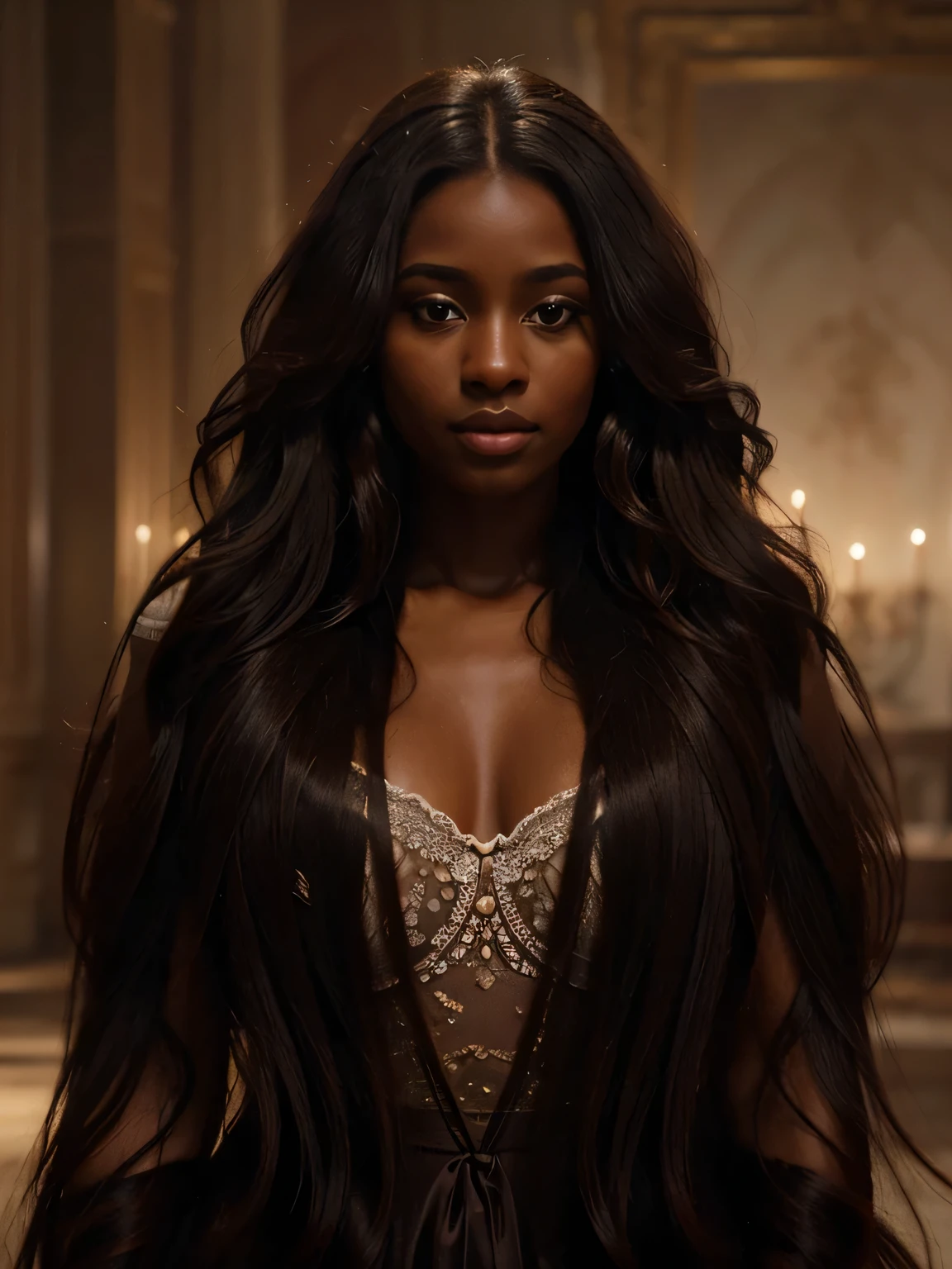 Generate hyper realistic image of a beautiful woman with hair resembling rich, velvety chocolate. Picture her standing in a dreamlike setting, surrounded by soft, ethereal lighting that accentuates the luscious chocolate tones of her hair. The dreamy atmosphere enhances her beauty, creating a captivating scene that transports viewers to a Spanish castle