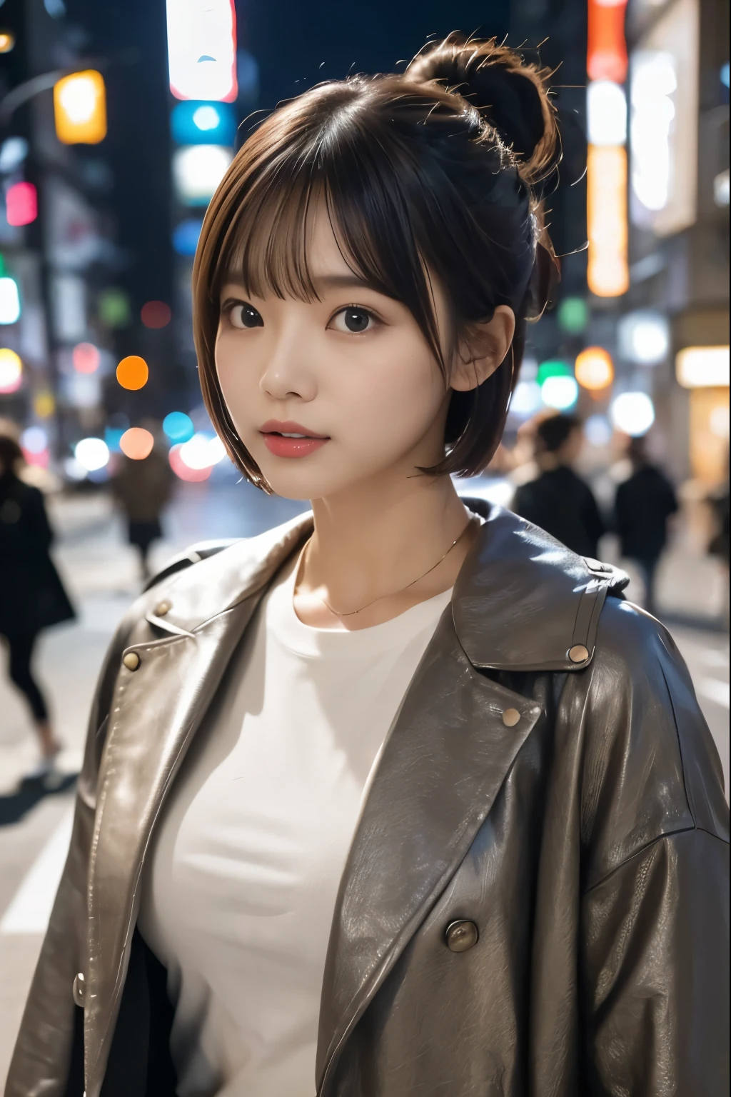 (((long sleeve t-shirt:1.3, late night:1.2, Shibuya:1.2, Photographed from the front))), ((medium bob:1.3, fancy clothes, japanese woman, cute)), (clean, natural makeup), (highest quality, masterpiece:1.3, 超High resolution), (Super detailed, caustics), (realistic:1.4, RAW shooting), very detailed, High resolution, 16K resolution