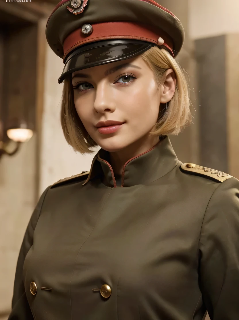 ((masterpiece、highest quality、Super detailed、High resolution、photorealistic、sharp focus、cinematic lighting))、bust shot、high contrast、Portrait of a beautiful female officer、heavy makeup、(detailed and beautiful eyes、Dense and beautiful lips、highly detailed eyes and face)、Bright colors、(blonde、boyish short hair)、(big smile)、(Army uniform、hat、class seal、gloves)、dynamic pose、view audience、Detailed hand depiction、command room、uhlan tunic