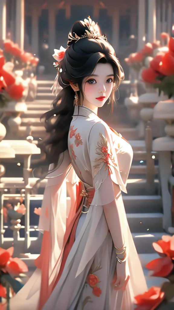 High quality image 8k resolution full camera HDR lens aperture f2.4 wide original f1.8 see full panorama a beautiful asian girl with long smooth black hair shooting fashion collections in a lively space behind the girl's back are beautiful pale red roses