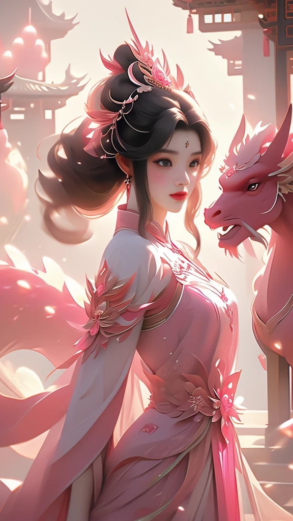 a woman in a pink dress standing next to a pink dragon, chinese fantasy, beautiful fantasy art, xianxia fantasy, very beautiful fantasy art, beautiful digital artwork, a beautiful fantasy empress, digital fantasy art ), amazing fantasy art, fantasy beautiful, breathtaking fantasy art, beautiful fantasy art portrait, dragon girl, ((a beautiful fantasy empress)), fantasy art style