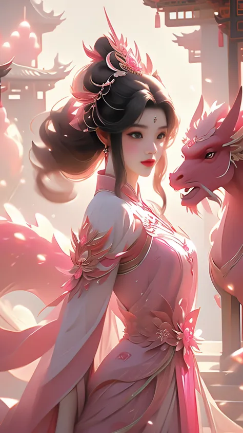 a woman in a pink dress standing next to a pink dragon, chinese fantasy, beautiful fantasy art, xianxia fantasy, very beautiful ...