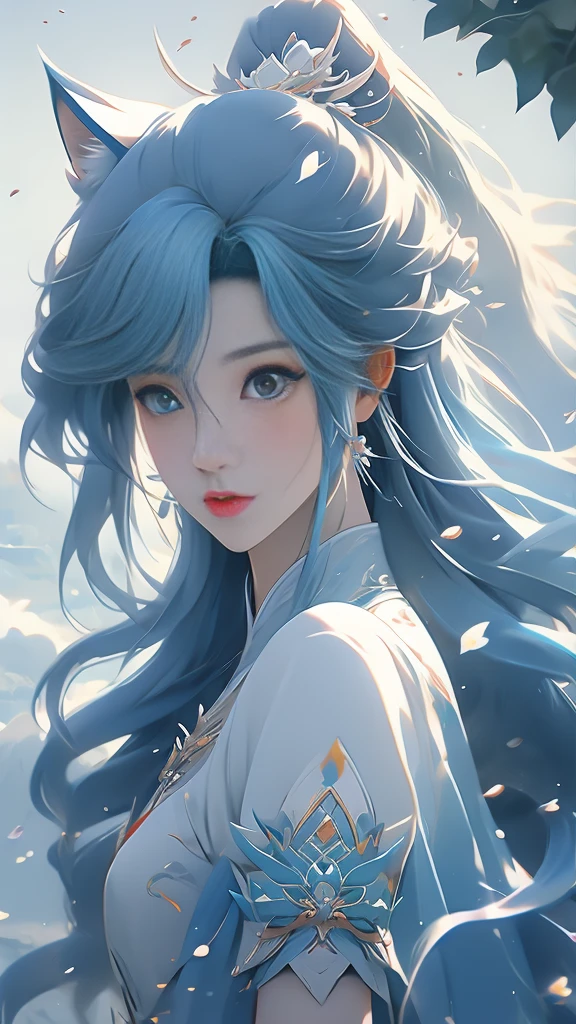 anime girl with long hair and a white shirt and a blue wolf, alice x. zhang, beautiful character painting, fantasy art style, by Yang J, inspired by Sim Sa-jeong, trending on cgstation, stunning art style, inspired by Ai Xuan, in the art style of bowater, trending on artstration, trending artgerm