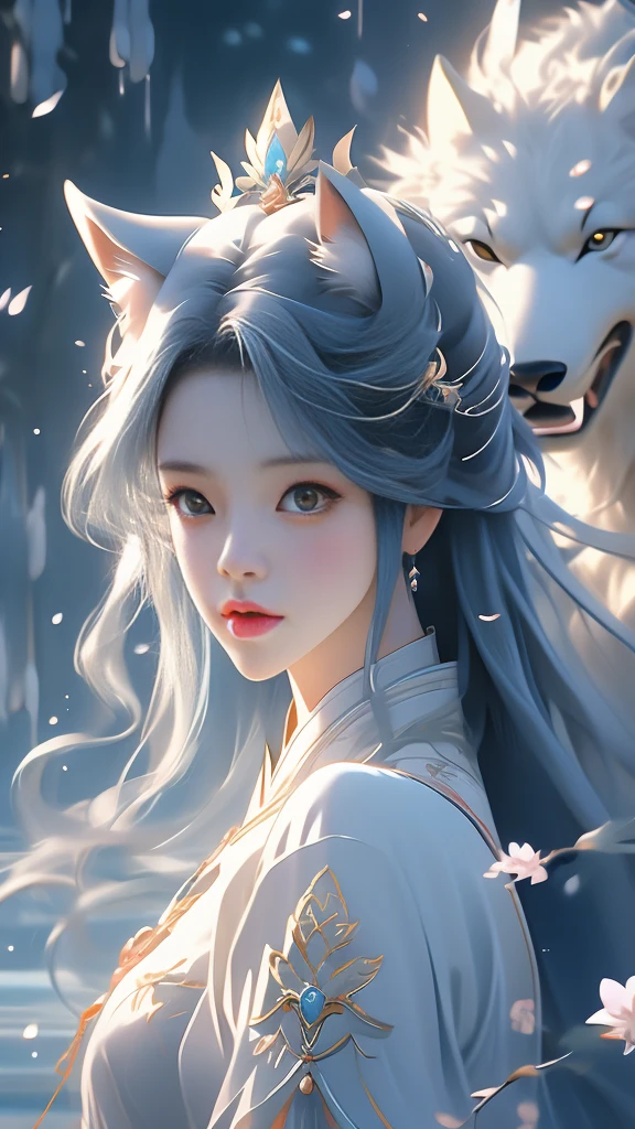 garota anime com cabelo comprido e uma camisa branca e um lobo azul, alice x. zhang, linda pintura de personagem, Estilo de arte de fantasia, por Yang J, inspirado em Sim Sa-jeong, tendências no cgstation, estilo de arte impressionante, inspirado em Ai Xuan, no estilo artístico de bowater, tendências em arte, tendências artgerm