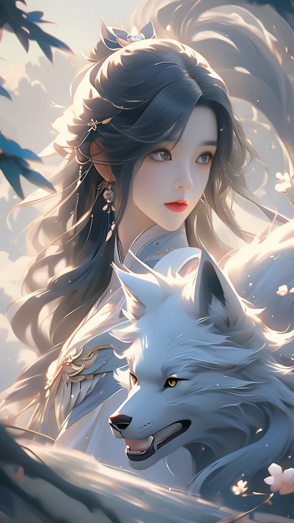 Chica anime con pelo largo, camisa blanca y un lobo azul., Alice X. zhang, hermosa pintura de personajes, estilo de arte de fantasía, by Yang J, inspirado en Sim Sa-jeong, tendencia en cgstation, Impresionante estilo artístico, inspirado en Ai Xuan, en el estilo artístico de bowater, tendencia en artstration, germen de arte de tendencia