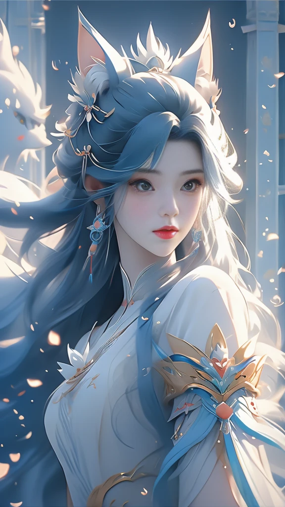 garota anime com cabelo comprido e uma camisa branca e um lobo azul, alice x. zhang, linda pintura de personagem, Estilo de arte de fantasia, por Yang J, inspirado em Sim Sa-jeong, tendências no cgstation, estilo de arte impressionante, inspirado em Ai Xuan, no estilo artístico de bowater, tendências em arte, tendências artgerm