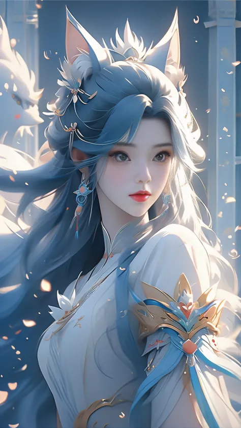 anime girl with long hair and a white shirt and a blue wolf, alice x. zhang, beautiful character painting, fantasy art style, by...