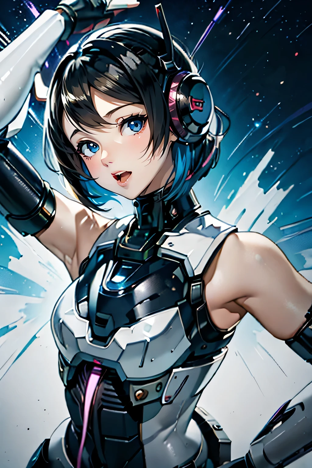 anime character with a gun in her hand and a blue background, best anime 4k konachan wallpaper, girl in mecha cyber armor, cyberpunk anime girl mech, fully robotic!! girl, female mecha, # mecha, android heroine, perfect anime cyborg woman, ferra white mecha, modern mecha anime, mecha suit, mechanized soldier girl, short hair, bob cut, medium breasts, happy mouth open, blue eyes, intricately detailed face, intricately eyes, master piece, popular on artstation, popular on pixiv, high quality, best quality