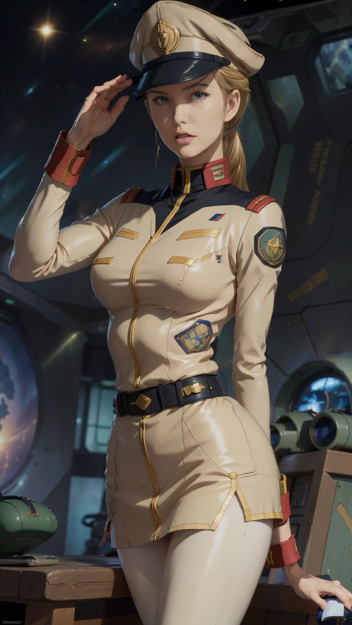 (((masterpiece,highest quality,In 8K,Super detailed,High resolution,anime style,absolutely))),A female officer of the Earth Federation Forces is standing,(alone:1.5),((ten huts:1.5)),(((seriously;1.5))),(((Salute with your right hand;1.5))),(((stretch your left hand straight:1.5))),(Angelina Jolie:1.5),(((The background is a military base 1.5))),((sunset:1.5)),((blur background:1.5))),break (Wearing the uniform of the Earth Federation Forces:1.5),(wearing federal employee&#39;hat of:1.5),(Beautiful woman:1.5),(Detailed facial depiction:1.5),(wallpaper:1.5),(whole body:1.5),((overlook:1.5))