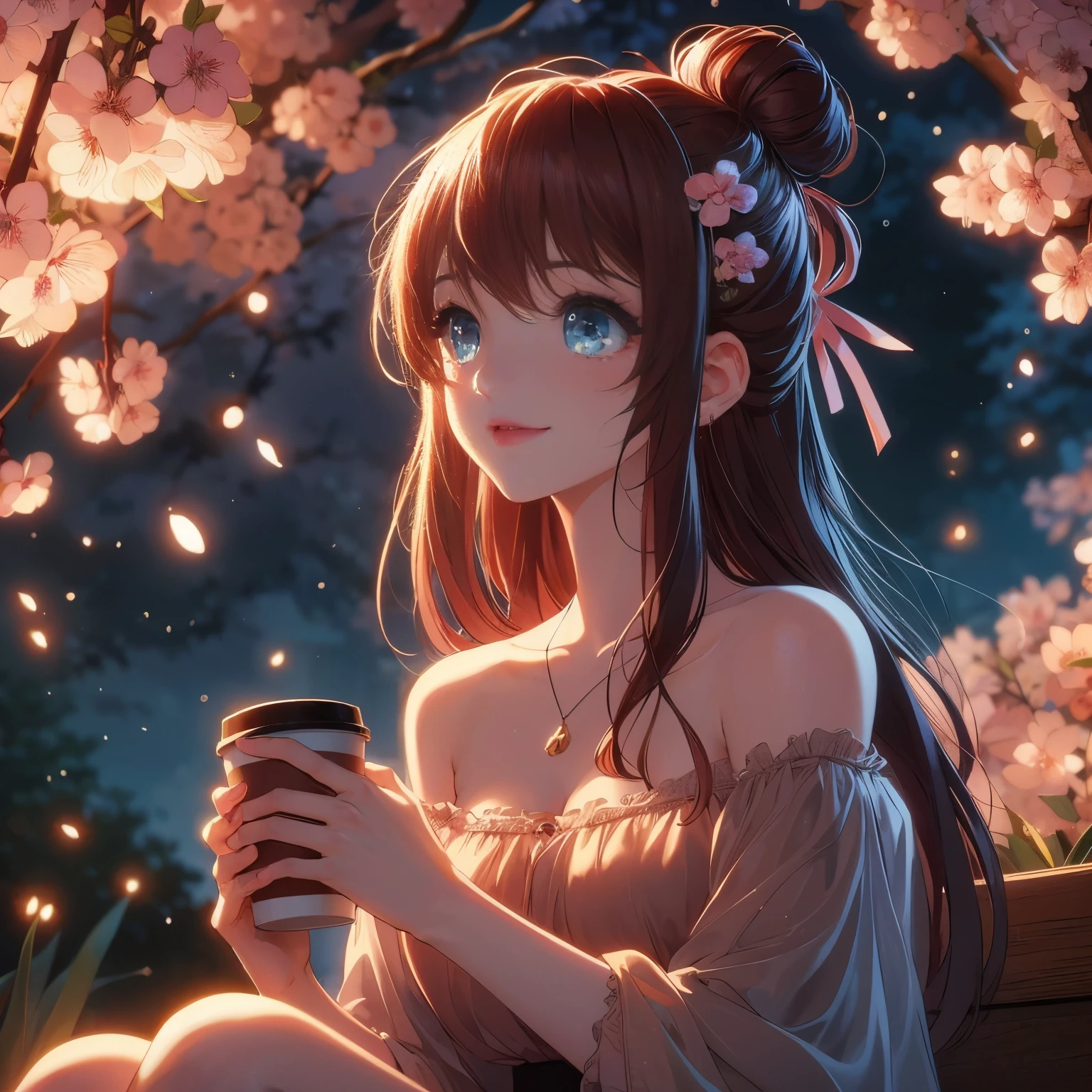 anime girl sitting on a bench with a cup of coffee, anime style 4 k, beautiful anime girl, anime wallpaper 4 k, anime wallpaper 4k, 4k anime wallpaper, beautiful anime portrait, anime art wallpaper 4 k, anime art wallpaper 4k, nightcore, pretty anime girl, beautiful anime, cute anime girl, anime art wallpaper 8 k, beautiful anime style