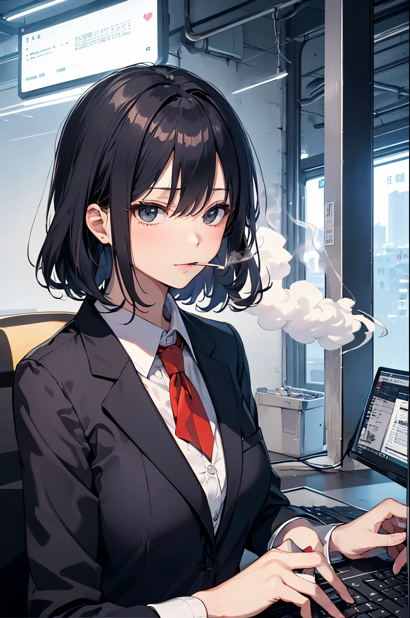 （Pretty sister:1.3）、spring atmosphere、evening、aggressive、office、((Smoke a cigarette))、type into computer、large amount of work、overtime、(suit)、(Heart-shaped smoke)