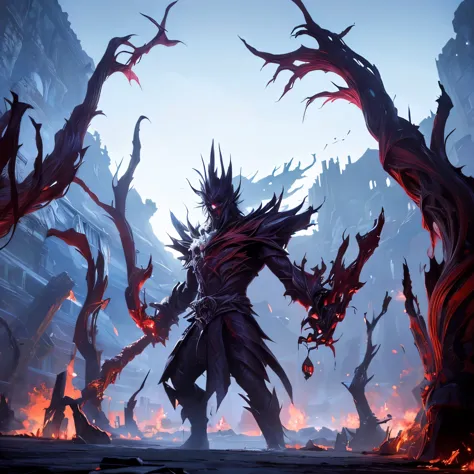 artwork that  depicts a dark, sinister landscape dominated by deep crimson hues. in the foreground, a monstrous, shadowy figure ...