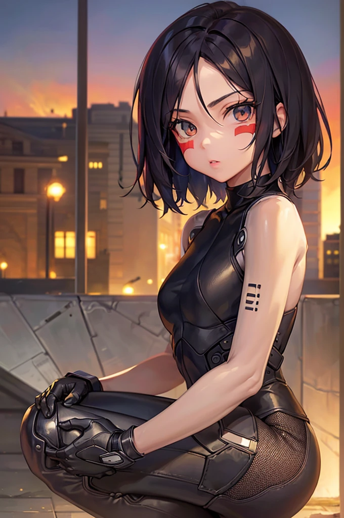 1girl, (masterpiece:1.3), high resolution), (8K), (extremely detailed), (4k), (pixiv), perfect face, nice eyes and face, (best quality), (super detailed), detailed face and eyes, (solo), textured skin, absurdres, highres, gallywz, red facepaint, bare shoulders, mechanical armechanical hands:1.1), robot, facial mark, (bodysuit), (pants) ,cyberpunk, brown eyes, black hair, short hair, looking at viewer, squatting, city lights, cityscape,