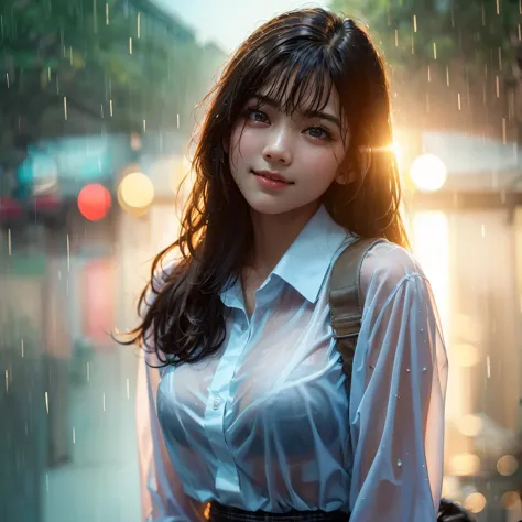 20 year old Japanese woman、In the rain立っている制服を着た巨大な胸の女性がいます、wet shirt、Sheer、black bra、cute girl standing in the rain、There are n...